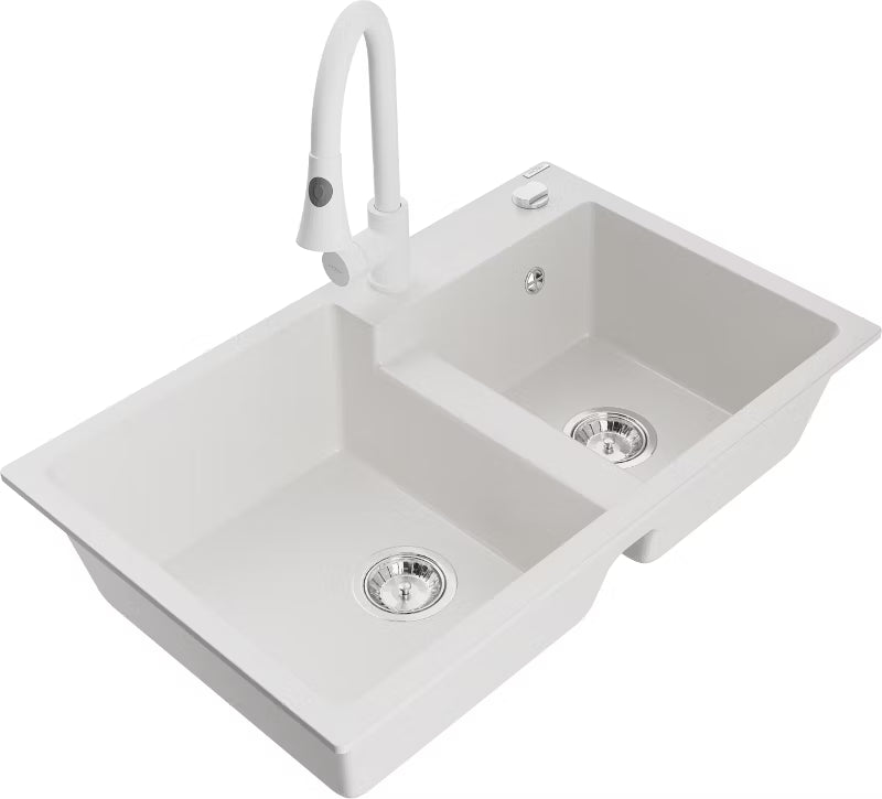 Granitvask Tomas 2-Kammer 80x50 cm Hvid med Armatur