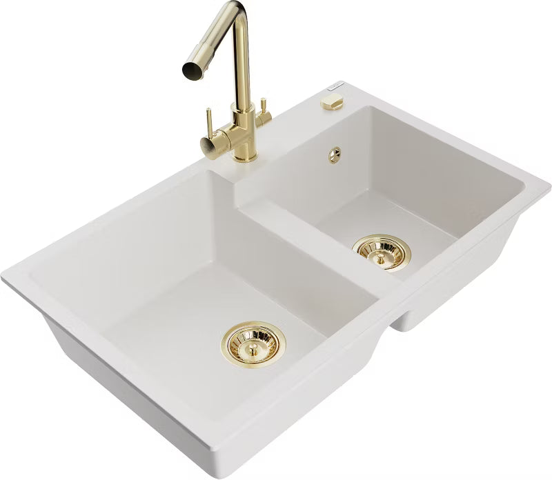 Granitvask Tomas 2-Kammer 80x50 cm Hvid med Armatur
