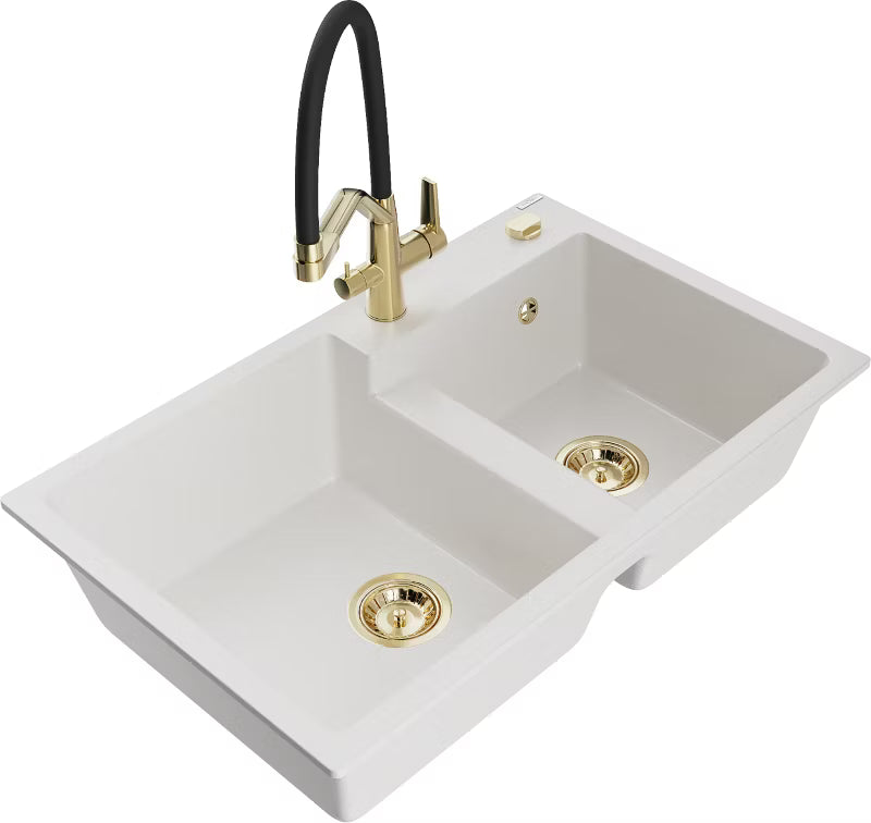 Granitvask Tomas 2-Kammer 80x50 cm Hvid med Armatur