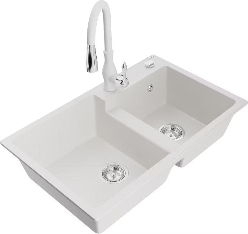 Granitvask Tomas 2-Kammer 80x50 cm Hvid med Armatur