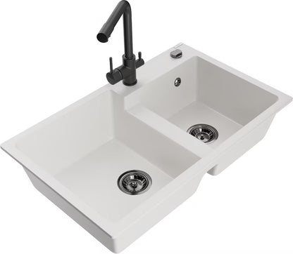 Granitvask Tomas 2-Kammer 80x50 cm Hvid med Armatur