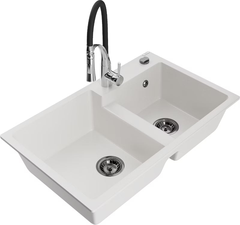 Granitvask Tomas 2-Kammer 80x50 cm Hvid med Armatur