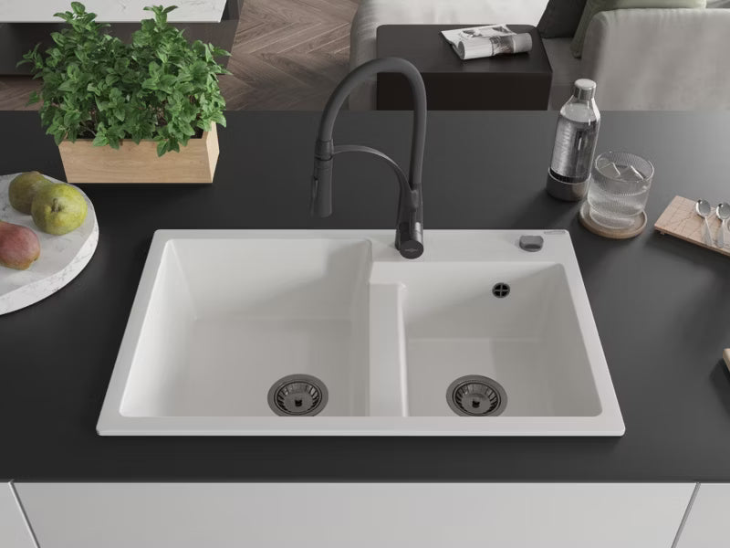 Granitvask Tomas 2-Kammer 80x50 cm Hvid med Blandingbatteri