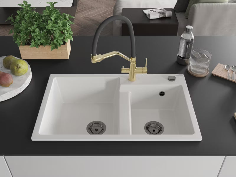 Granitvask Tomas 2-Kammer 80x50 cm Hvid med Armatur