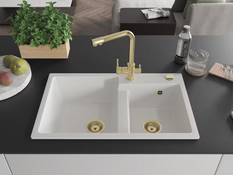 Granitvask Tomas 2-Kammer 80x50 cm Hvid med Armatur
