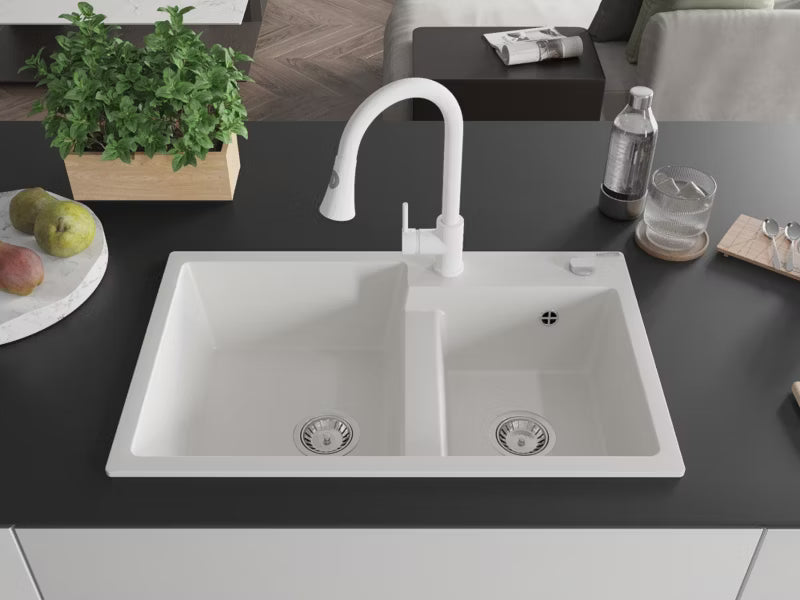 Granitvask Tomas 2-Kammer 80x50 cm Hvid med Armatur
