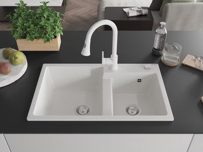 Granitvask Tomas 2-Kammer 80x50 cm Hvid med Armatur
