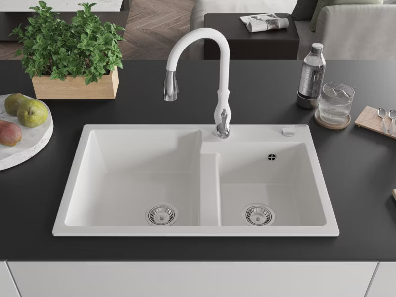 Granitvask Tomas 2-Kammer 80x50 cm Hvid med Armatur