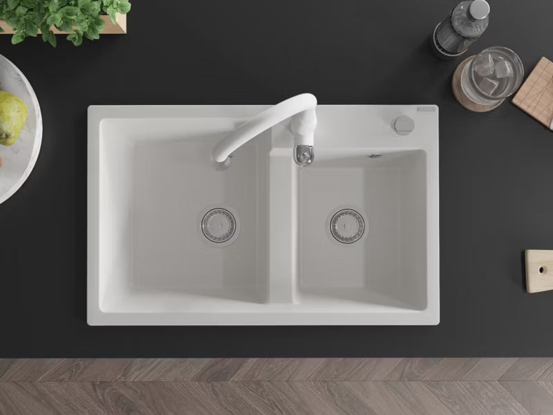 Granitvask Tomas 2-Kammer 80x50 cm Hvid med Armatur