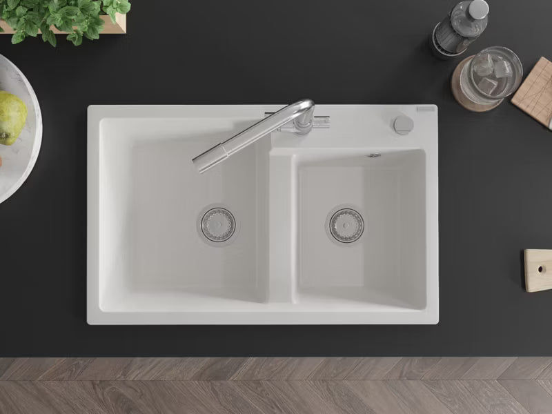 Granitvask Tomas 2-Kammer 80x50 cm Hvid med Armatur