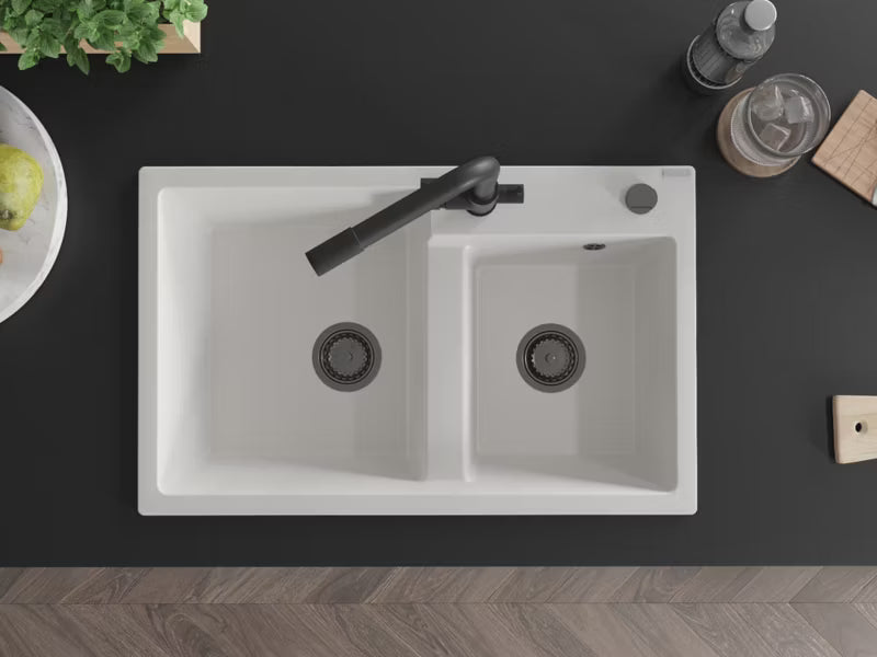 Granitvask Tomas 2-Kammer 80x50 cm Hvid med Armatur