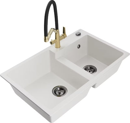 Granitvask Tomas 2-Kammer 80x50 cm Hvid med Armatur