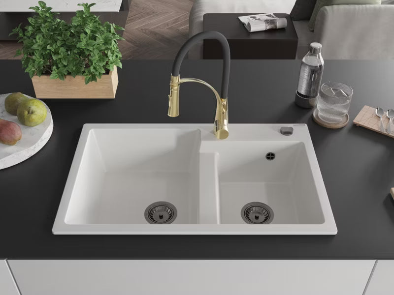 Granitvask Tomas 2-Kammer 80x50 cm Hvid med Armatur