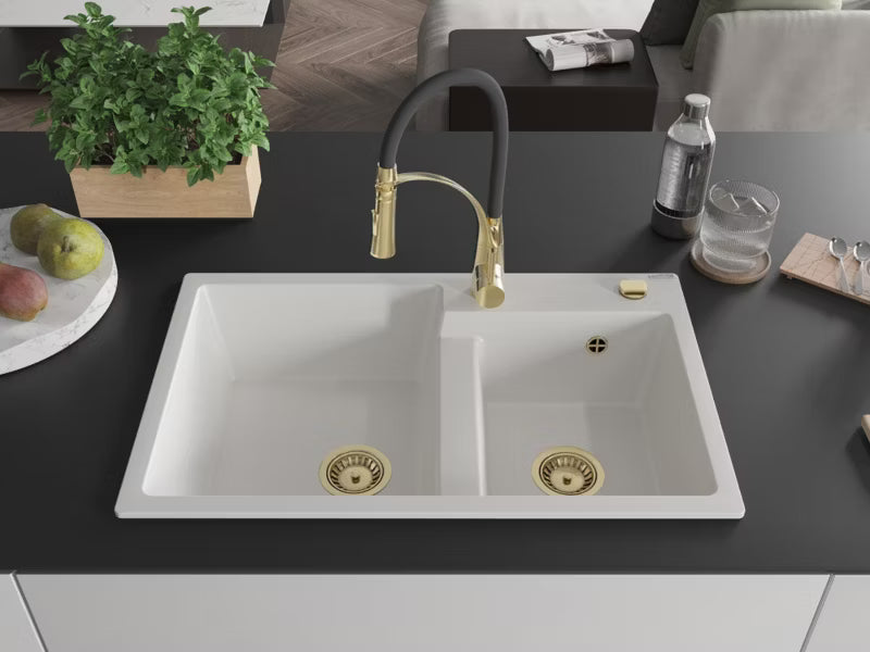 Granitvask Tomas 2-Kammer 80x50 cm Hvid med Armatur