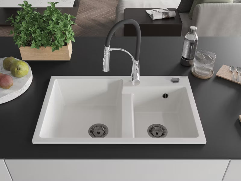 Granitvask Tomas 2-Kammer 80x50 cm Hvid med Armatur