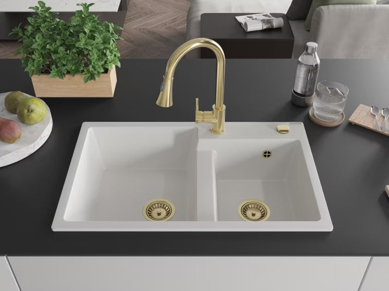 Granitvask Tomas 2-Kammer 80x50 cm Hvid med Armatur