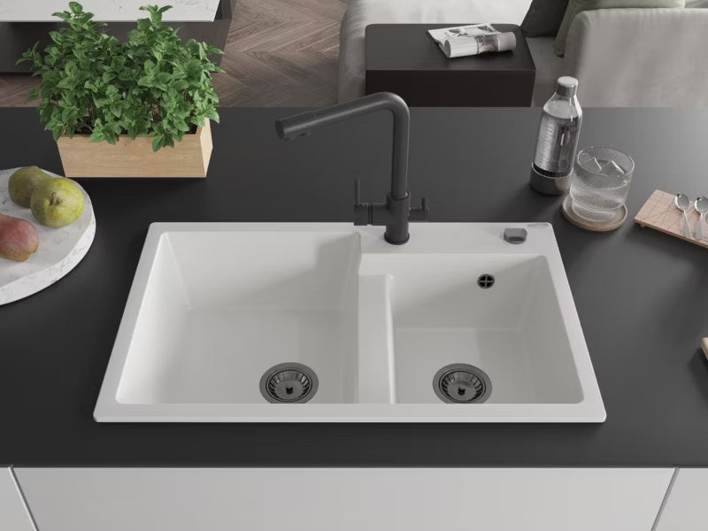 Granitvask Tomas 2-Kammer 80x50 cm Hvid med Armatur