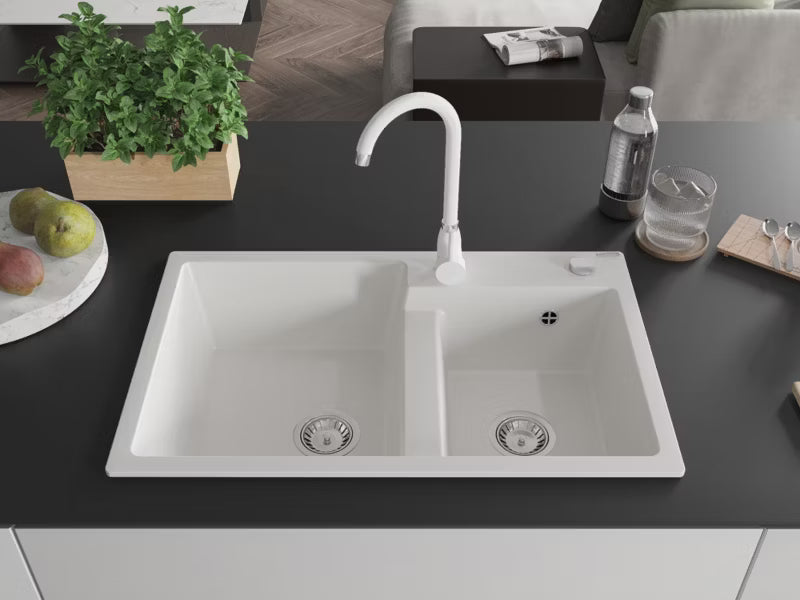 Granitvask Tomas 2-Kammer 80x50 cm Hvid med Armatur