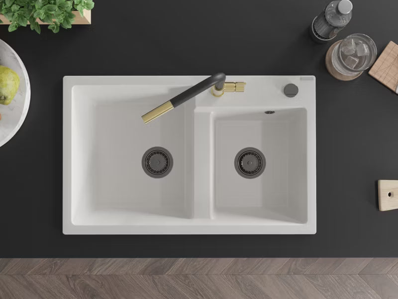 Granitvask Tomas 2-Kammer 80x50 cm Hvid med Armatur