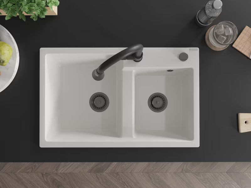 Granitvask Tomas 2-Kammer 80x50 cm Hvid med Armatur