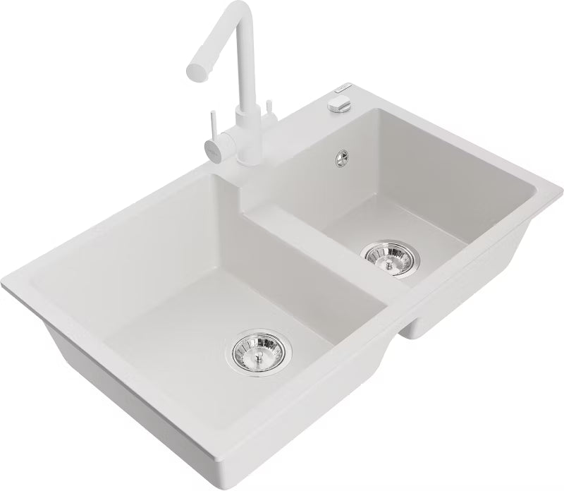 Granitvask Tomas 2-Kammer 80x50 cm Hvid med Armatur