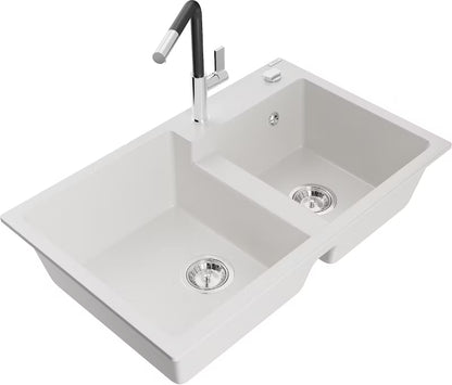 Granitvask Tomas 2-Kammer 80x50 cm Hvid med Armatur