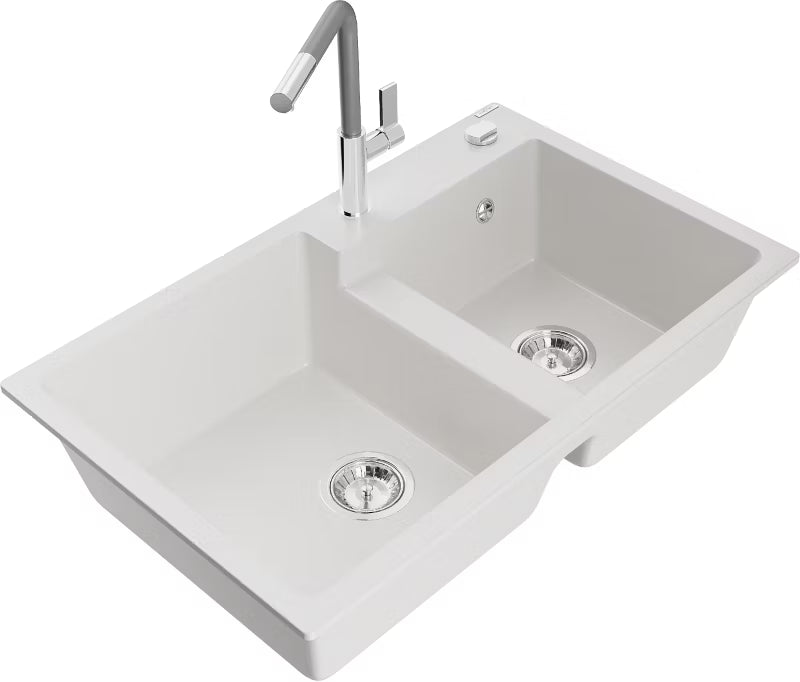 Granitvask Tomas 2-Kammer 80x50 cm Hvid med Armatur