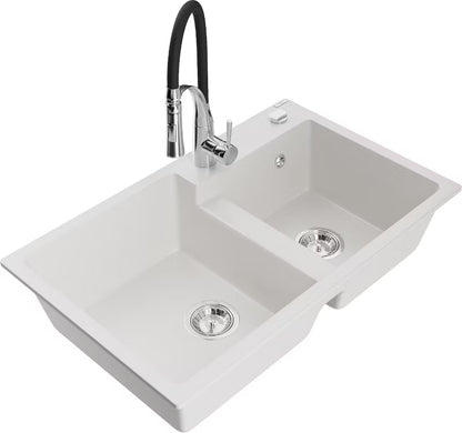 Granitvask Tomas 2-Kammer 80x50 cm Hvid med Armatur