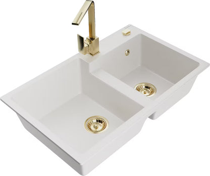 Granitvask Tomas 2-Kammer 80x50 cm Hvid med Armatur