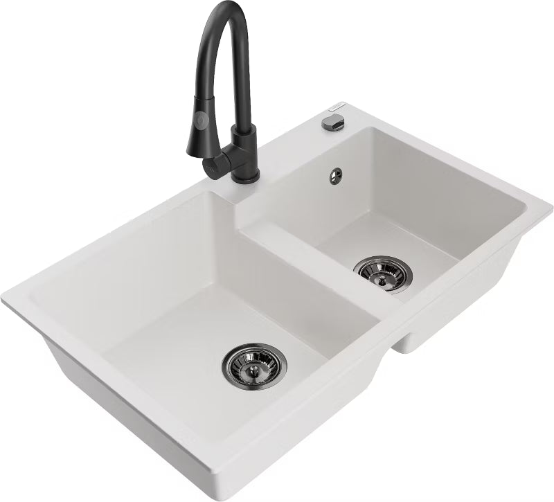 Granitvask Tomas 2-Kammer 80x50 cm Hvid med Armatur