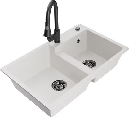 Granitvask Tomas 2-Kammer 80x50 cm Hvid med Armatur