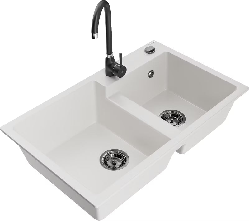 Granitvask Tomas 2-Kammer 80x50 cm Hvid med Armatur