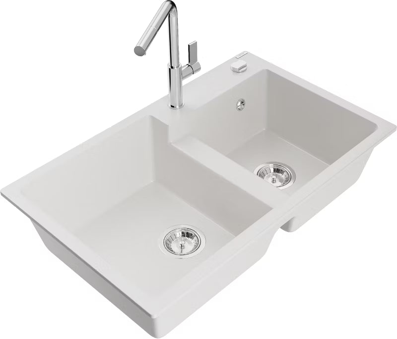 Granitvask Tomas 2-Kammer 80x50 cm Hvid med Armatur