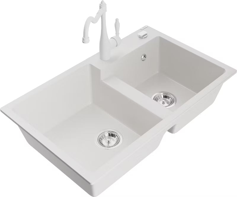 Granitvask Tomas 2-Kammer 80x50 cm Hvid med Armatur