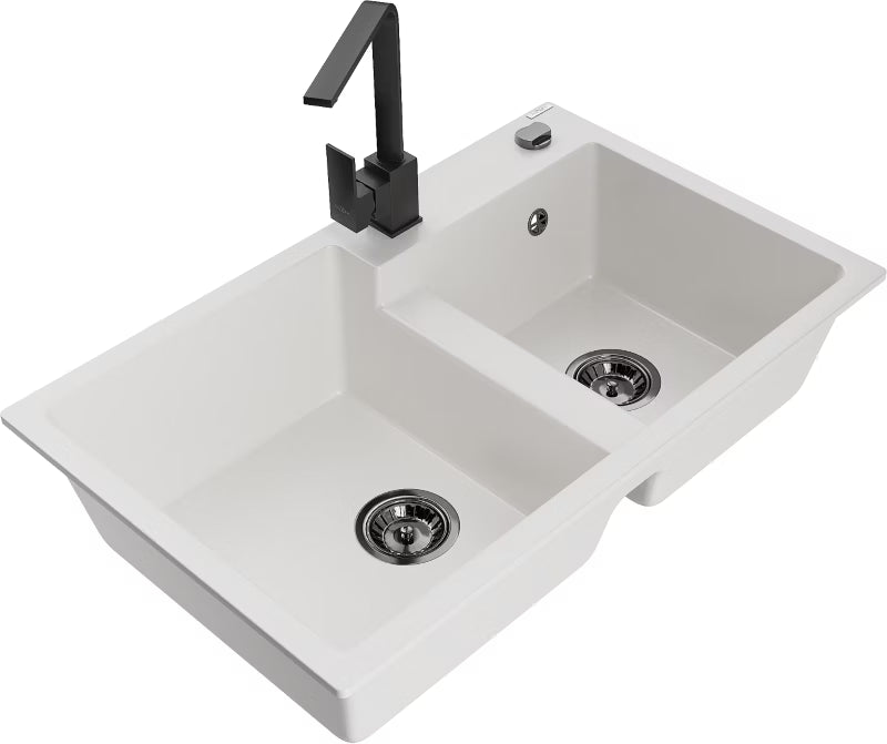 Granitvask Tomas 2-Kammer 80x50 cm Hvid med Armatur