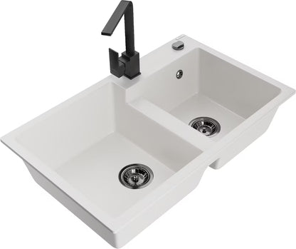Granitvask Tomas 2-Kammer 80x50 cm Hvid med Armatur