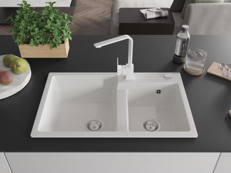 Granitvask Tomas 2-Kammer 80x50 cm Hvid med Armatur