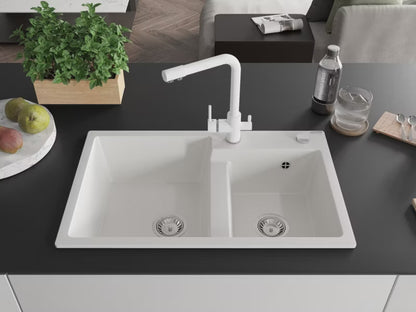 Granitvask Tomas 2-Kammer 80x50 cm Hvid med Armatur