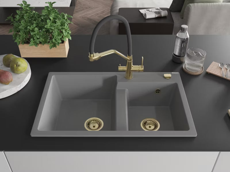 Granitvask Tomas 2-Kammer 80x50 cm Hvid med Armatur