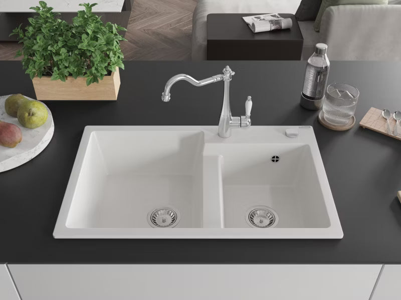 Granitvask Tomas 2-Kammer 80x50 cm Hvid med Armatur