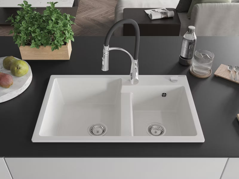 Granitvask Tomas 2-Kammer 80x50 cm Hvid med Armatur