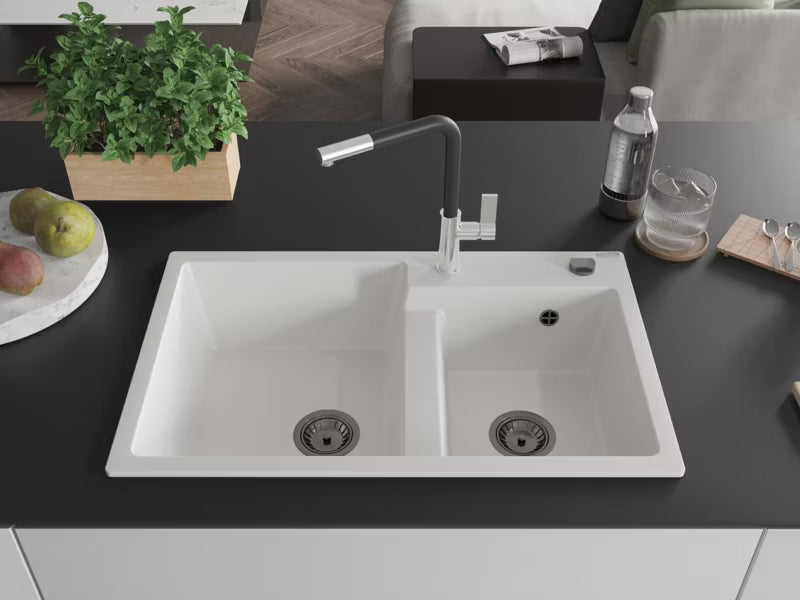 Granitvask Tomas 2-Kammer 80x50 cm Hvid med Armatur