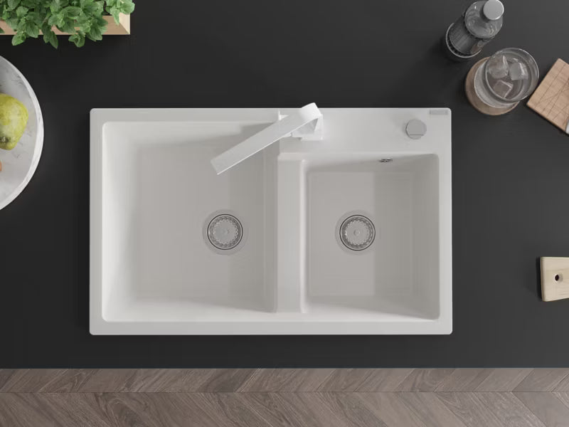 Granitvask Tomas 2-Kammer 80x50 cm Hvid med Armatur