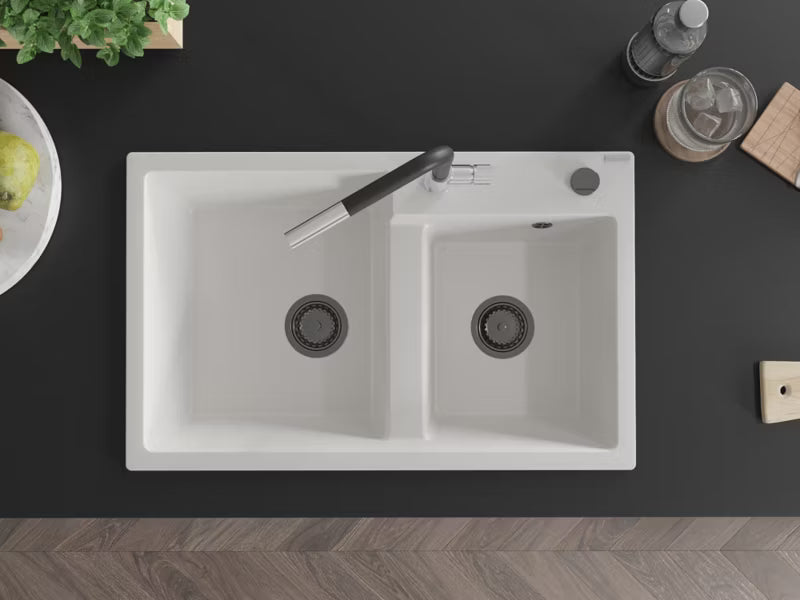 Granitvask Tomas 2-Kammer 80x50 cm Hvid med Armatur