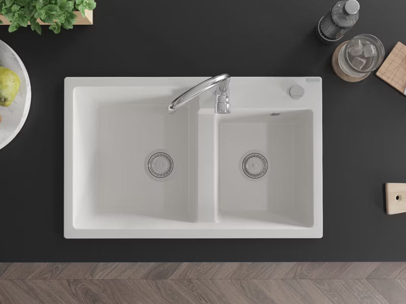 Granitvask Tomas 2-Kammer 80x50 cm Hvid med Armatur