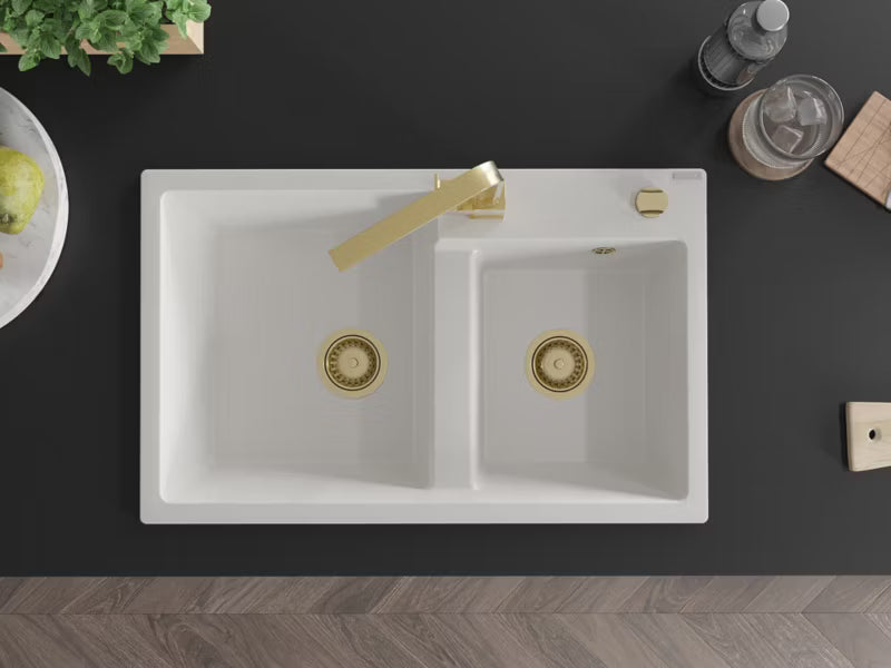 Granitvask Tomas 2-Kammer 80x50 cm Hvid med Armatur