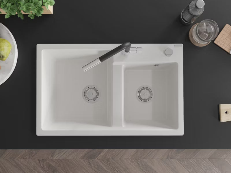 Granitvask Tomas 2-Kammer 80x50 cm Hvid med Armatur