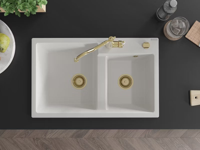Granitvask Tomas 2-Kammer 80x50 cm Hvid med Armatur