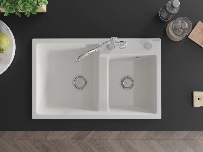 Granitvask Tomas 2-Kammer 80x50 cm Hvid med Armatur