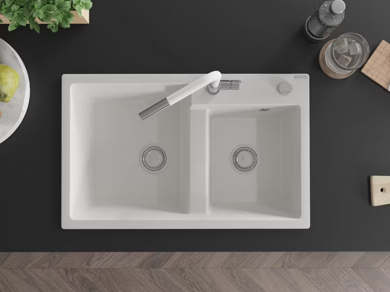 Granitvask Tomas 2-Kammer 80x50 cm Hvid med Armatur